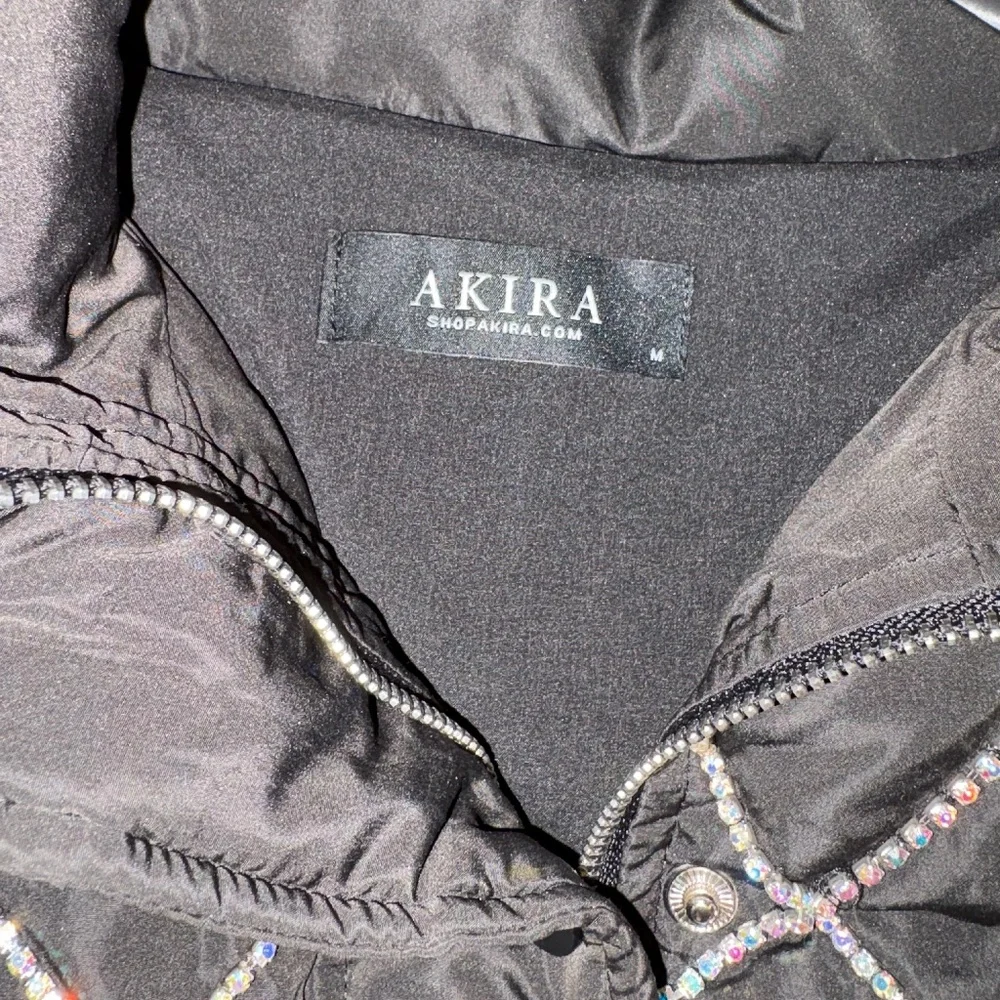 AKIRA Black Cold-Shoulder Puffer Coat With Iridescent Rhinestones Size M - Picture 6 of 16
